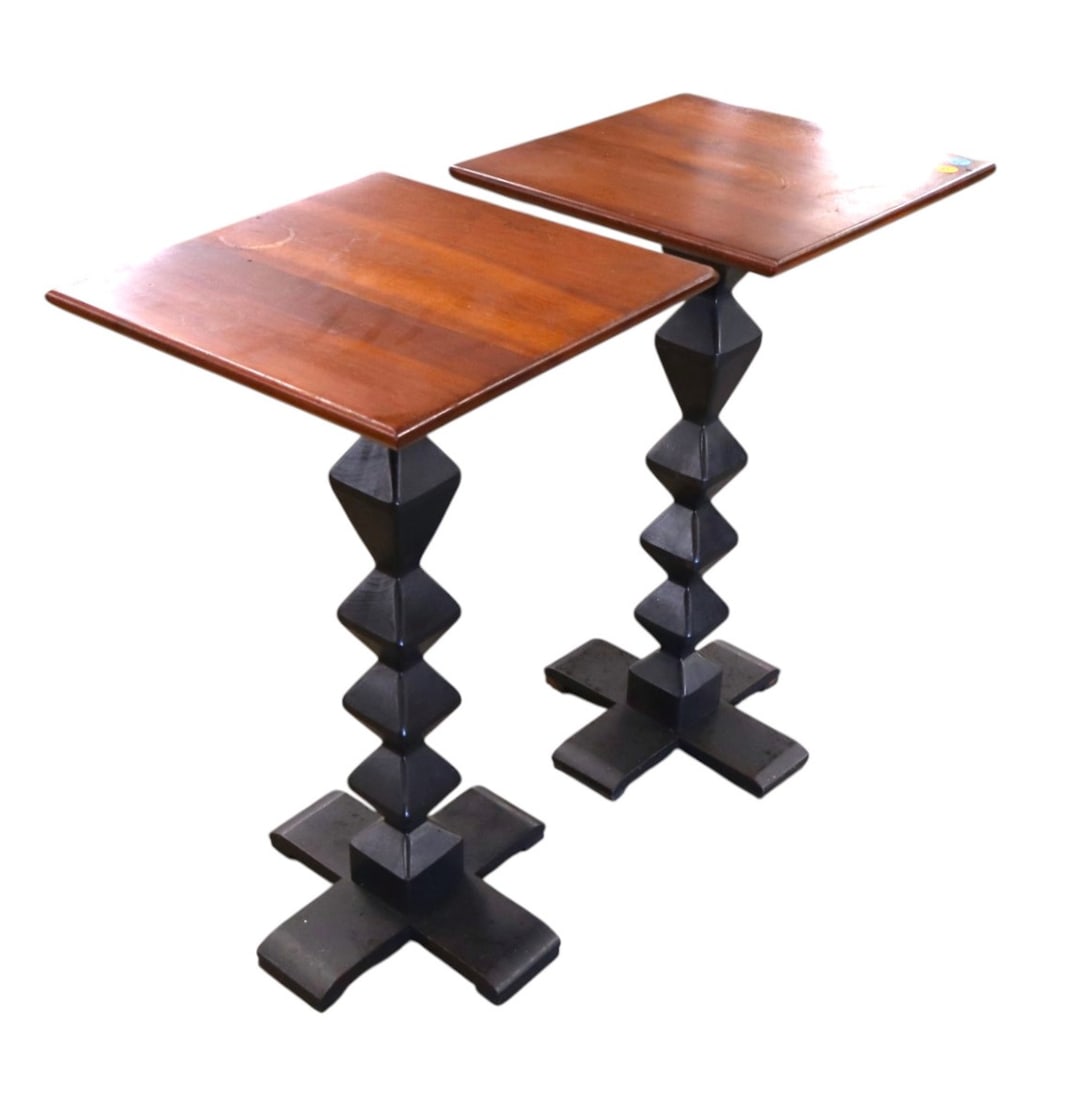 PR Ethan Allen natural cherry pedestal: Pair of Ethan Allen pedestal tables with natural cherry top black pedestal base, original finish, structurally sound and in good condition with slight wear on top. Ea. 26"h x 14" x 14" square