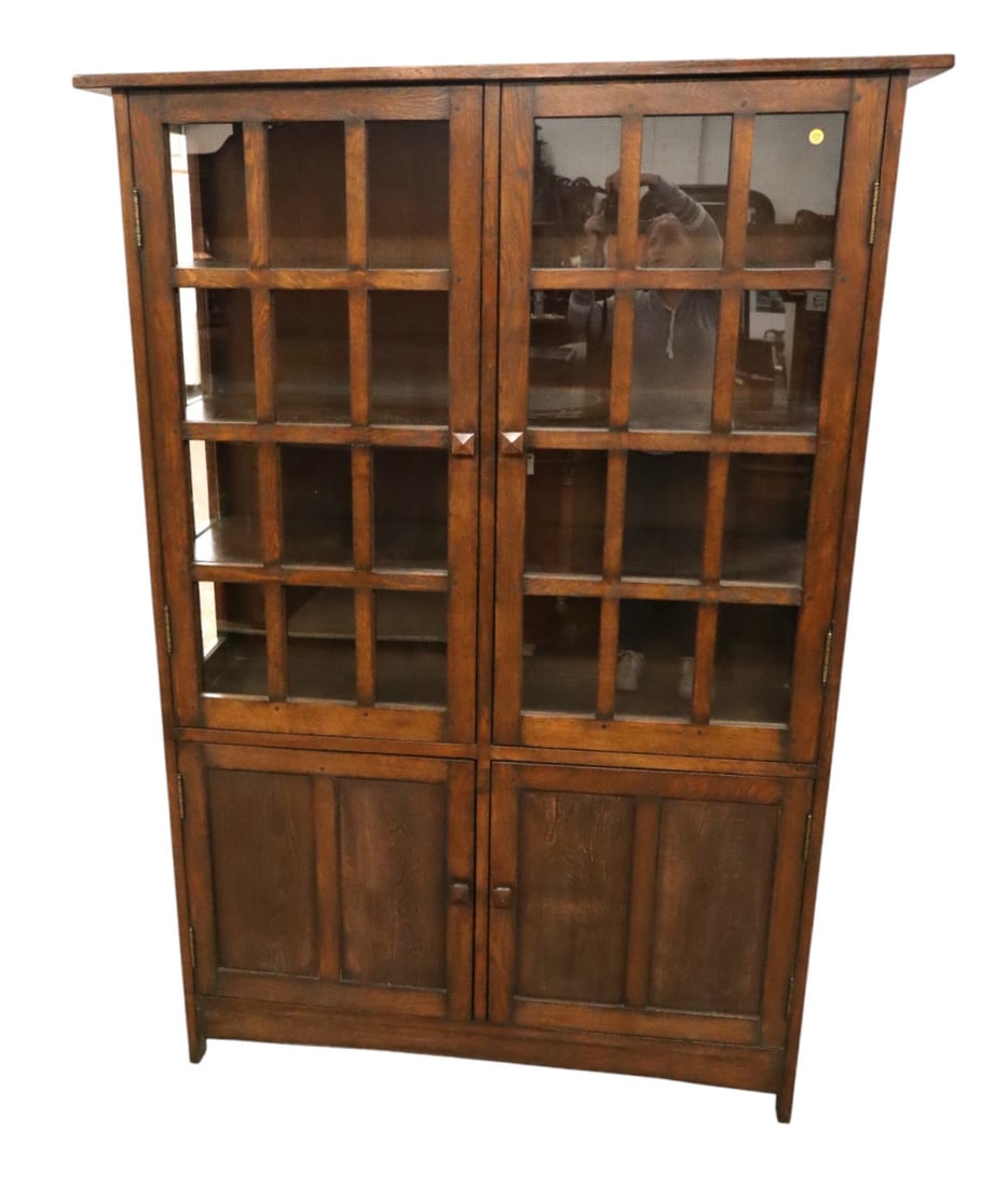 Arts & crafts china cabinet manner Restoration Hardware: Arts and crafts stye 4 door china cabinet original dark oak finish with 2 door server base in the manner of Restoration Hardware, structurally sound and in good condition. 70"h x 49"w x 16"d