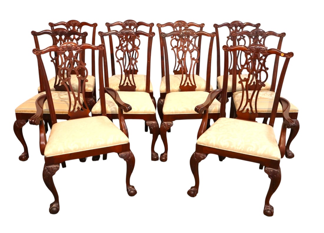 Ethan Allen set 10 Chippendale style dining chairs: Ethan Allen set of 10 solid mahogany ball & claw Chippendale style dining chairs with upholstered seats, upholstery looks good, original finish, structurally sound and in good condition. (2) Arm chair