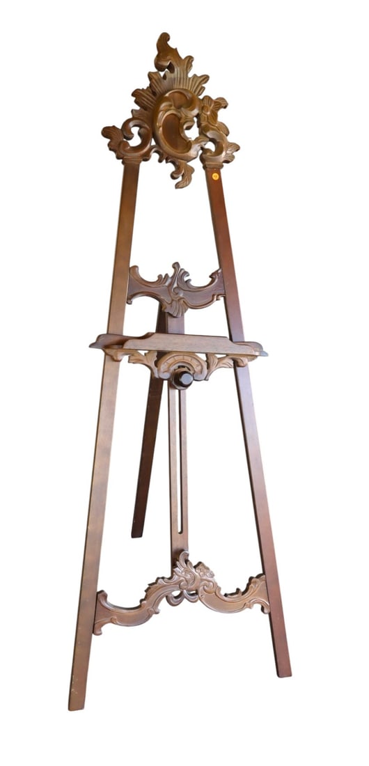 Solid mahogany adjustable carved art easel: Solid mahogany adjustable carved art easel, original finish, structurally sound. 72"h x 26"w x 24"d (adjustable height)