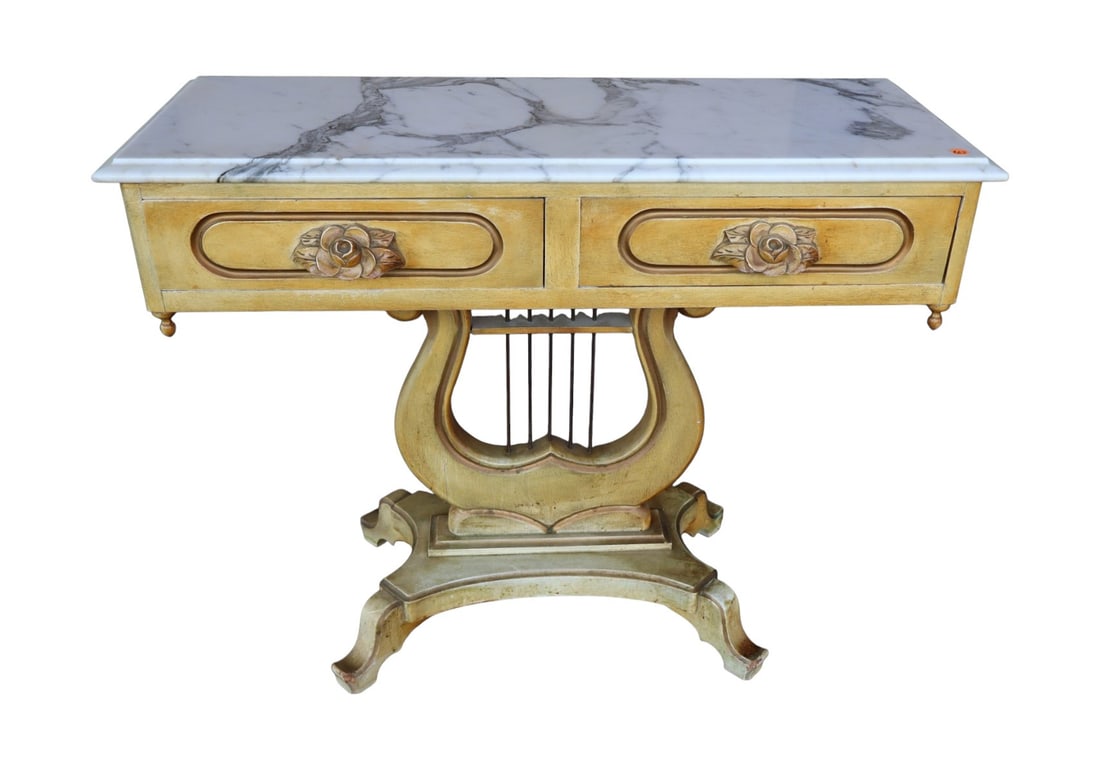 Vintage Victorian MT lyre based console table: Vintage Victorian paint decorated marble top lyre based console table with 2 drawers, original finish, structurally sound and in good condition marble looks good and removes for transport. 29.5"h x 37