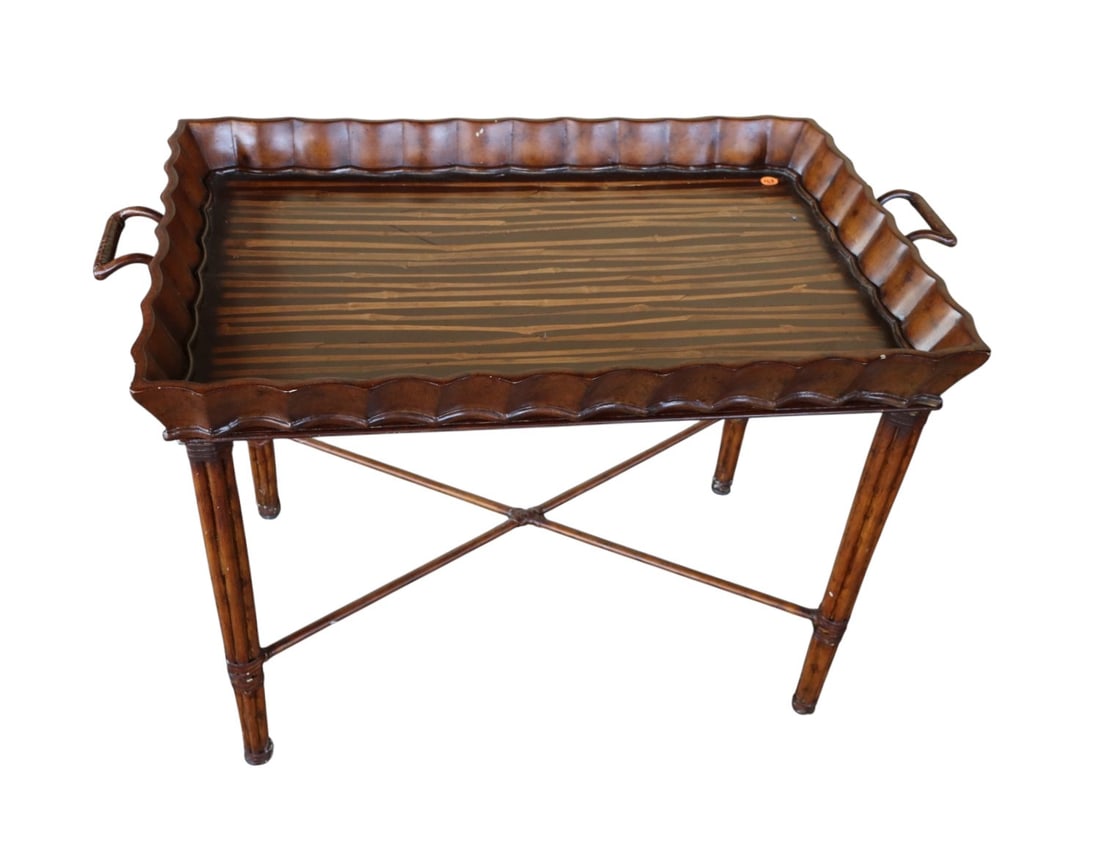 Serving tray top table with bamboo legs - 2pc: Serving tray top table with bamboo style legs and decorations, two piece, original finish, structurally sound. 22.5"h x 32"w x 18.5"d
