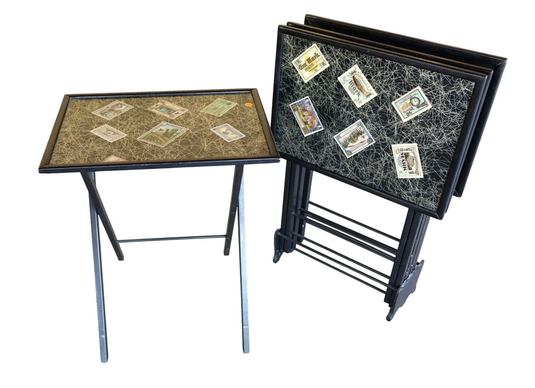 Vintage MidC TV tray set with stand: Vintage mid century set of 4 folding tv trays with stands, glass tops foreign money paint decorated. Ea. 24.5"h x 21"w x 15"d