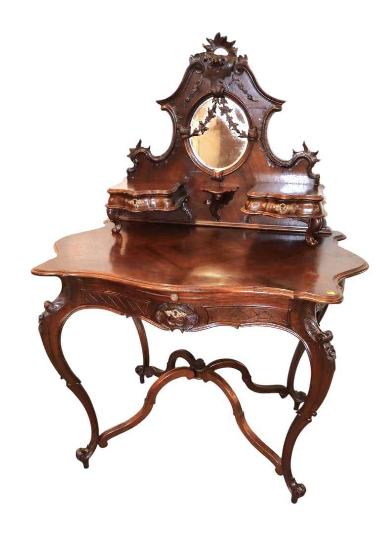 Impressive antique rosewood dressing vanity: Impressive antique rosewood carved and ornate 2 drawer dressing vanity with pull out felt top tray, mirror is removeable, original finish, structurally sound and in good condition for age. Footprint: 