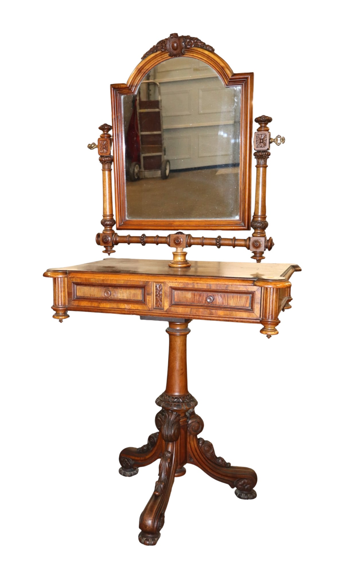 Antique ca.1870-1890's dressing table with adjustable mirror: Antique ca.1870-1890's walnut and rosewood 2 drawer mirrored dressing table, mirror is adjustable, original finish, structurally sound and in good condition for age. As photo's 57"h x 28"w x 21"d