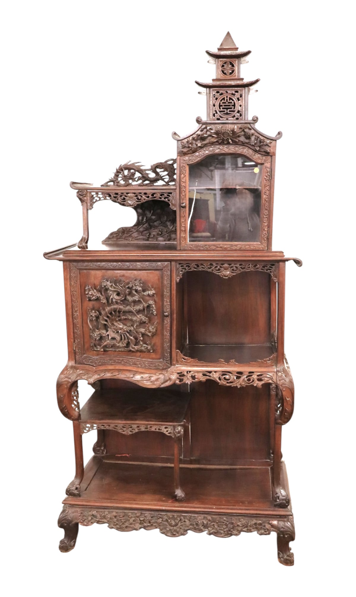 Awesome antique Asian rosewood etagere curio cabinet: Awesome antique Asian rosewood etagere curio cabinet, heavily carved with dragons, original finish, structurally sound does show age, 2 piece. Footprint: 88.5h x 40"w x 19"d (top 36"h, bottom part is 