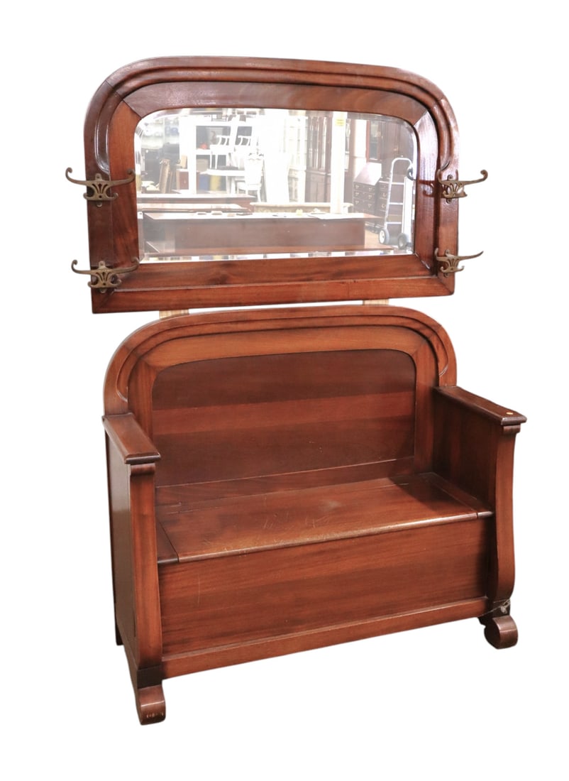 Antique empire lift top hall seat and glass mirror (set): Antique 2 piece mahogany empire lift top hall seat with matching beveled glass mirror, original hooks & finish, structurally sound and in good condition with surface wear on seat. (mirror temporarily 