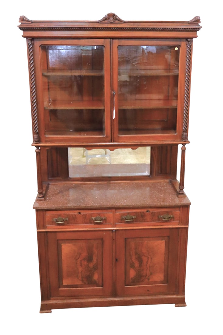Antique Victorian buffet china w/Tennessee Marble: Antique 2 part Tennessee brown marble top Victorian buffet china cabinet with key, in the walnut with burl walnut accents, beveled glass mirror, wavy glass panes, original finish, structurally sound a