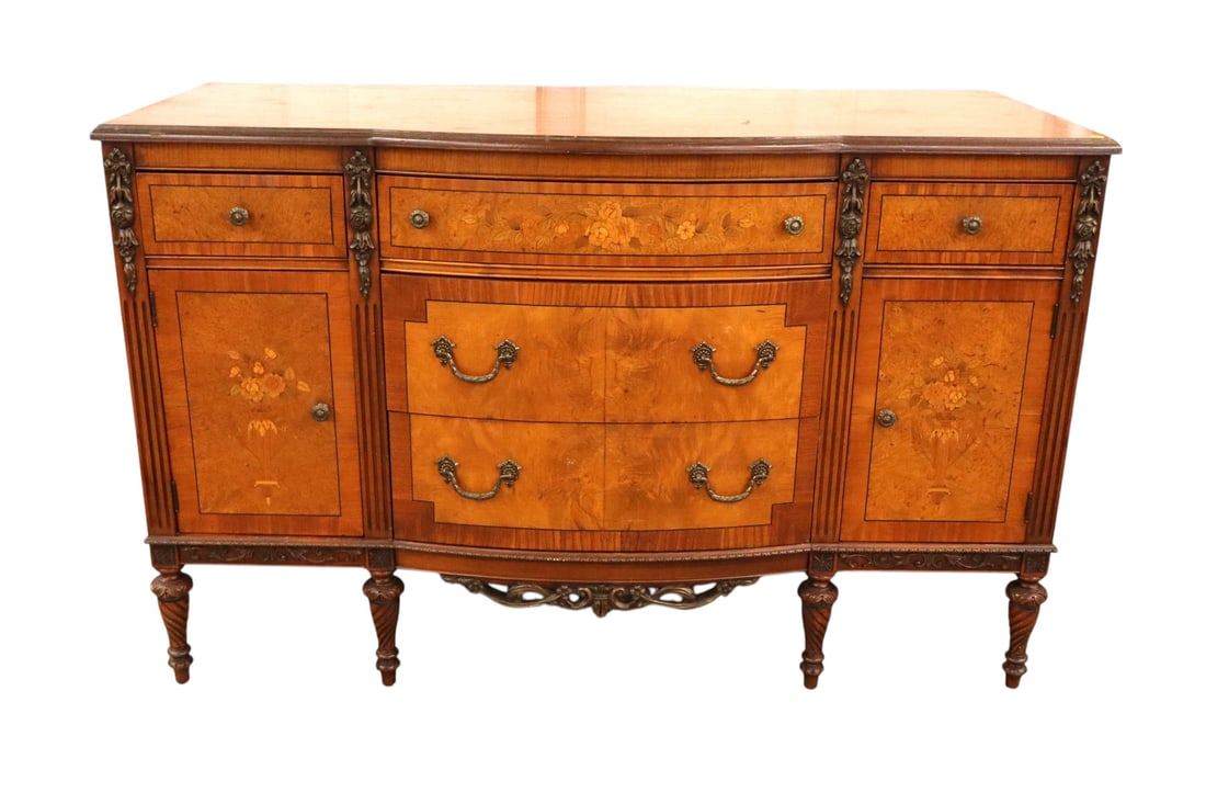 Antique burl walnut panel carved buffet: Antique satinwood inlaid with burl walnut panel carved buffet with 5 drawer 2 doors, original finish, structurally sound some trim missing on bottom left side and nip in back left top see photos. 34"h