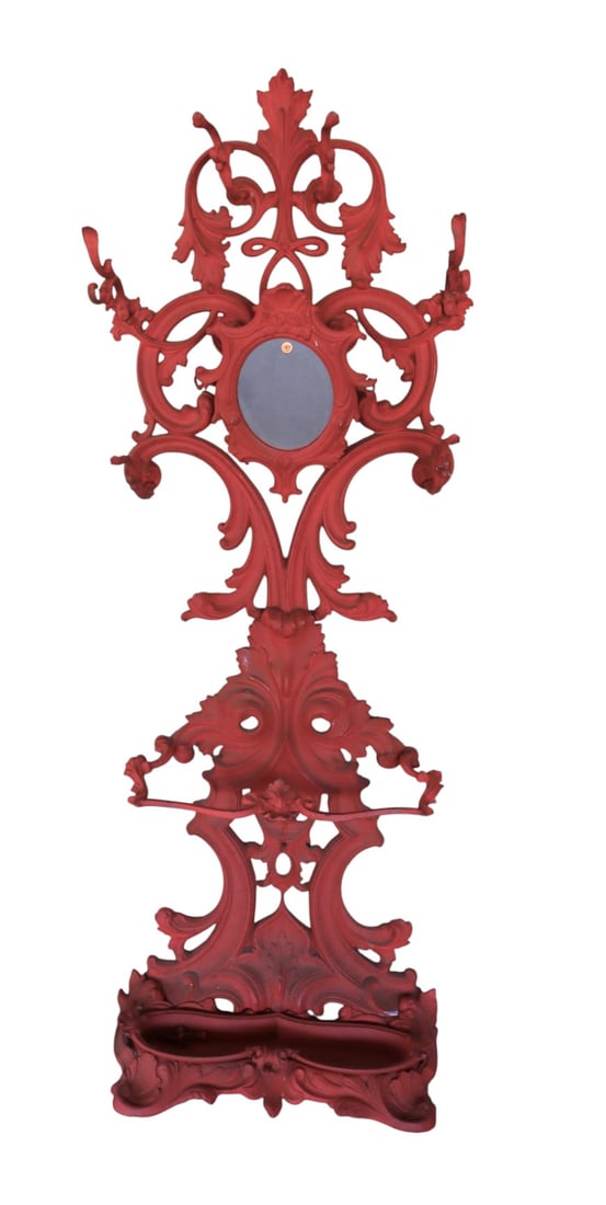 Antique cast iron hall rack in red paint w/drip pan: Antique cast iron hall rack in red paint with drip pan with mirror, been repainted over the years. 77"h x 29"w x 14"d