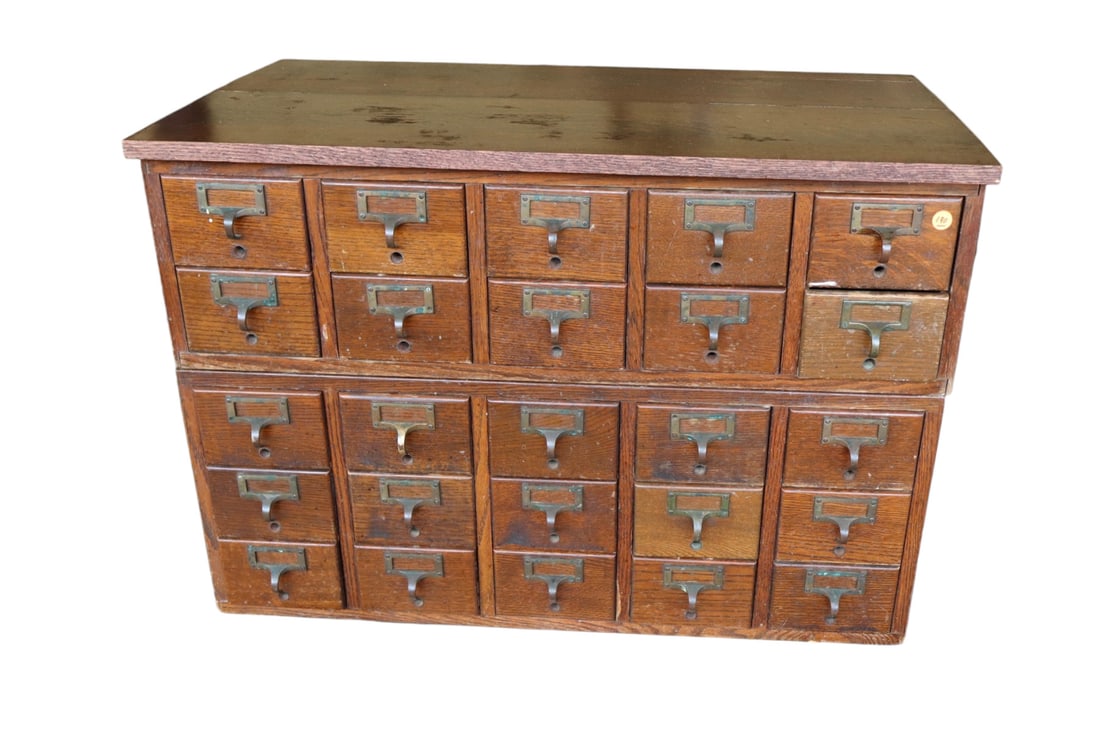 Antique 2 stack 25 drawer oak index card file cabinet: Antique 2 stack 25 drawer oak index card file cabinet, original finish with new old wood top, structurally sound. 23.5"h x 33.5"w x 19"d