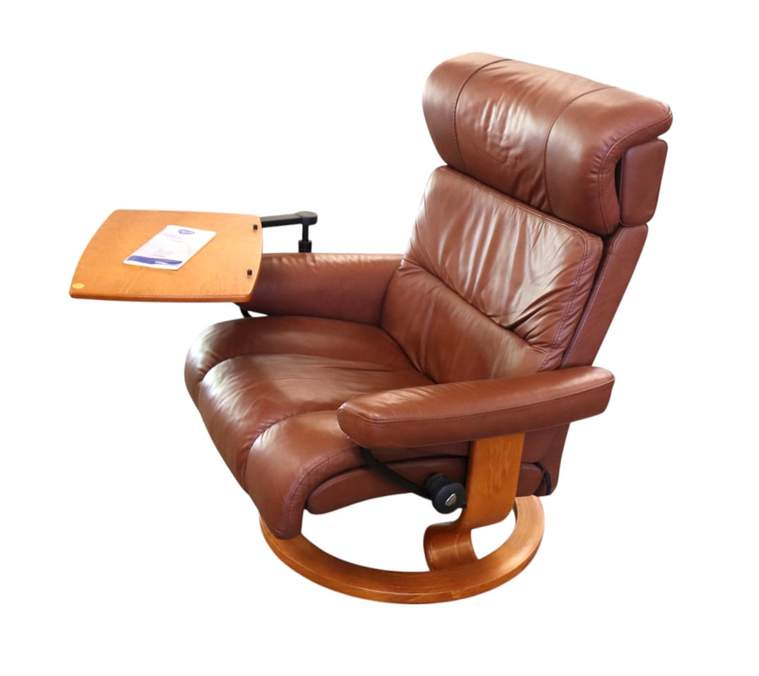 Ekornes leather stressless chair with adj. table - Like New: Nice Ekornes leather stressless chair with adjustable personal lap top table, like new condition in rust color plush over sized padded leather with laminated maple base made in Norway, Scandinavian cr
