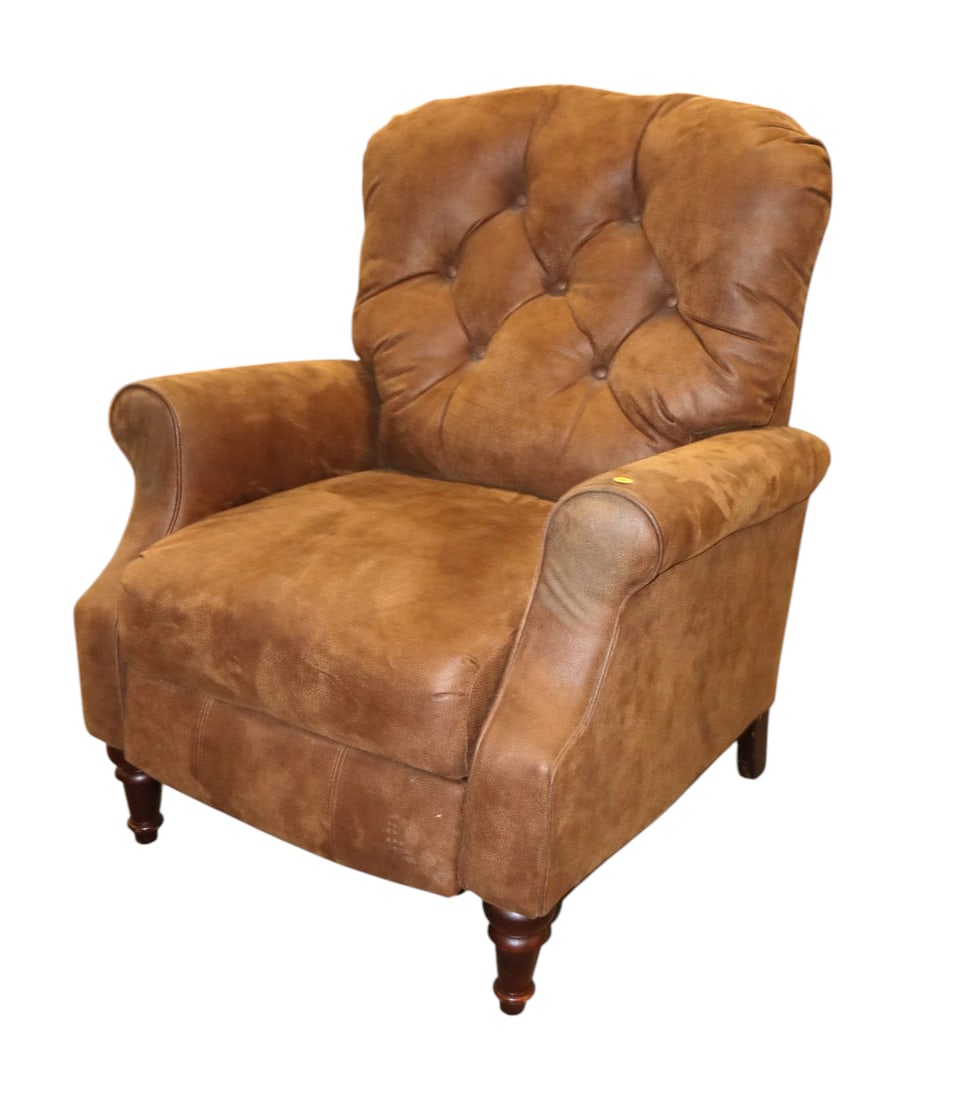 Sued leather button tuft recliner: Sued leather button tuft recliner, works as should, no rips tears or smells, structurally sound and in good condition. 40"h x 34"w x 31"d seat height of 18.5"