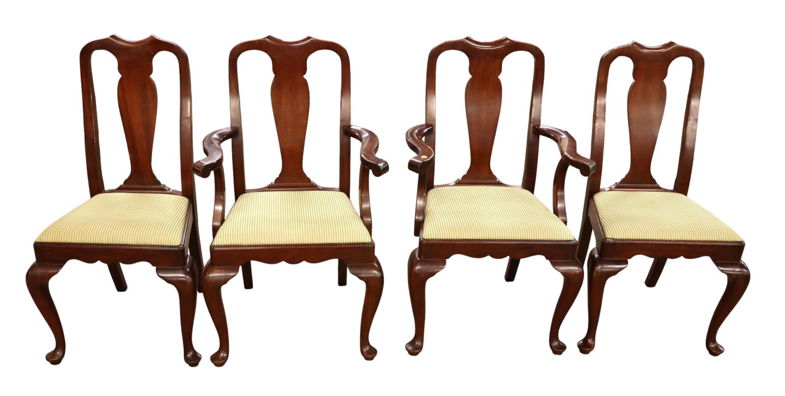 Henkel Harris set 4 queen anne dining chairs: Henkel Harris set of 4 solid mahogany queen anne dining chairs, upholstery looks good, original finish, structurally sound and in good condition. (2) Arm chairs 38.5"h x 24"w x 19"d (2) Side chairs 38