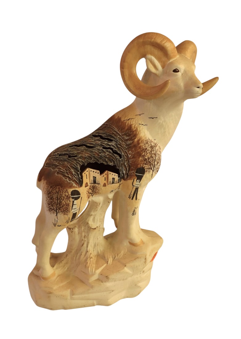 Native Amer. Pottery sg. Hand painted long horn ram: Native American Pottery from Wind Stalker Comanche Nation signed original handmade and hand painted long horn ram, in good condition no issues seen. 15"h x 10"l x 4"w