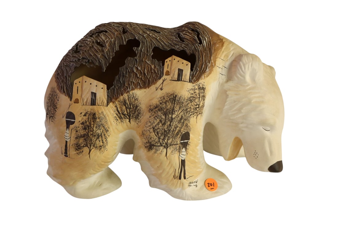 Native American Pottery sg. hand painted bear: Native American pottery from Wind Stalker Comanche Nation signed original handmade and hand painted bear, in good condition no issues seen. 9"h x 14"l x 7"w