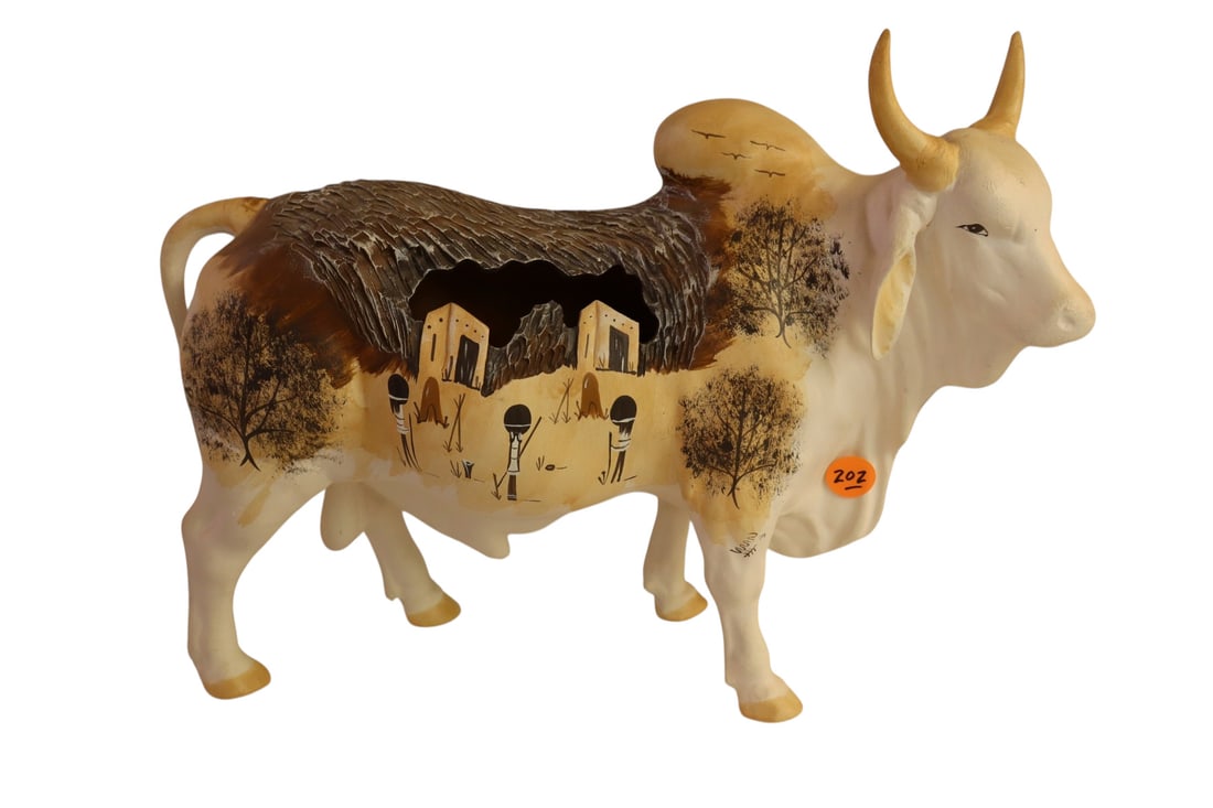 Native American Pottery sg. hand painted bull: Native American pottery from Wind Stalker Comanche Nation signed original handmade and hand painted bull, in good condition no issues seen. 10"h x 13"l x 5"w