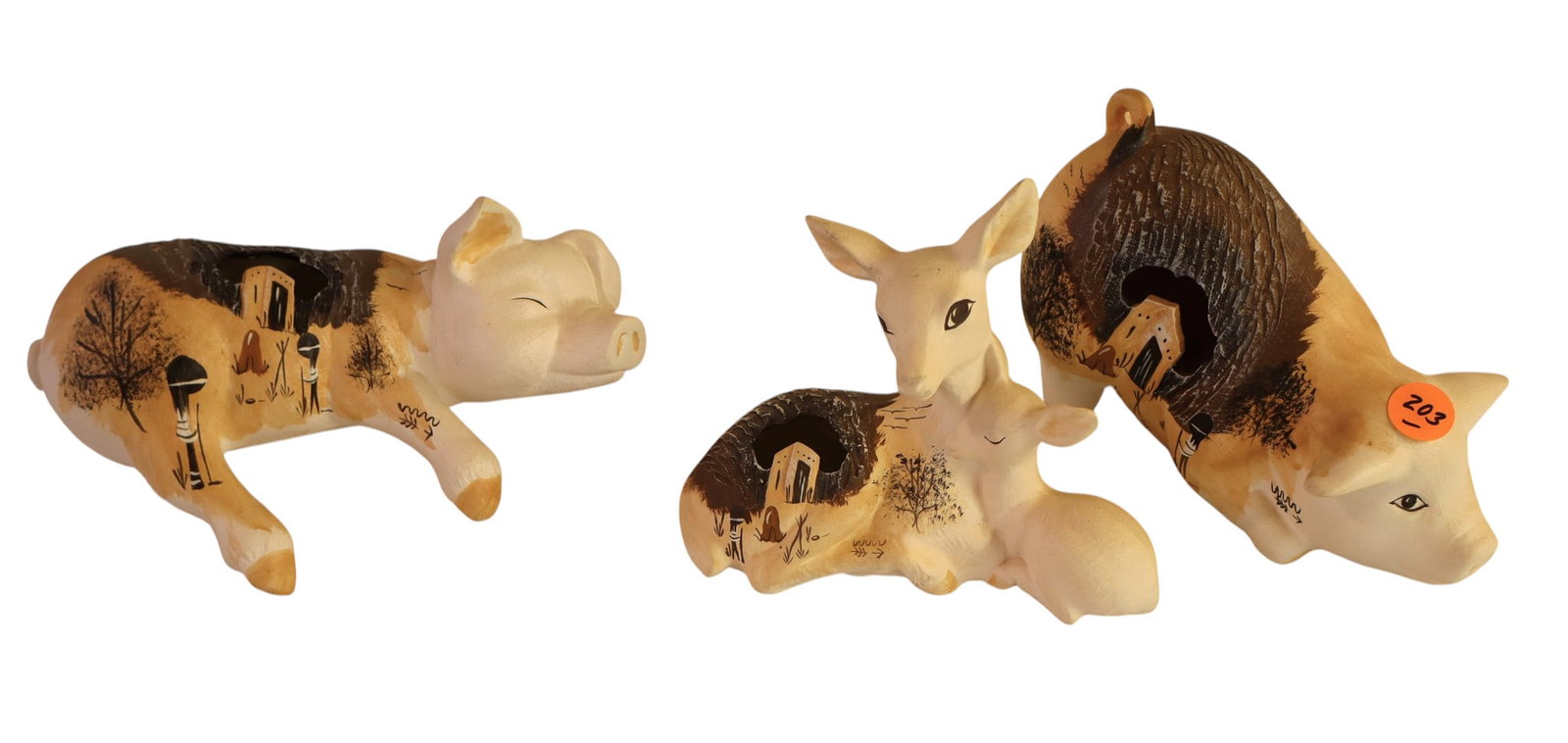 (3) Native American Pottery sg. deer and pigs: 3 Native American pottery from Wind Stalker Comanche Nation signed original handmade and hand painted deer with Fawn, pig, and shelf pig good condition no issues seen. Pigs are 7"l 4.5"h x 2.5"w, Dear