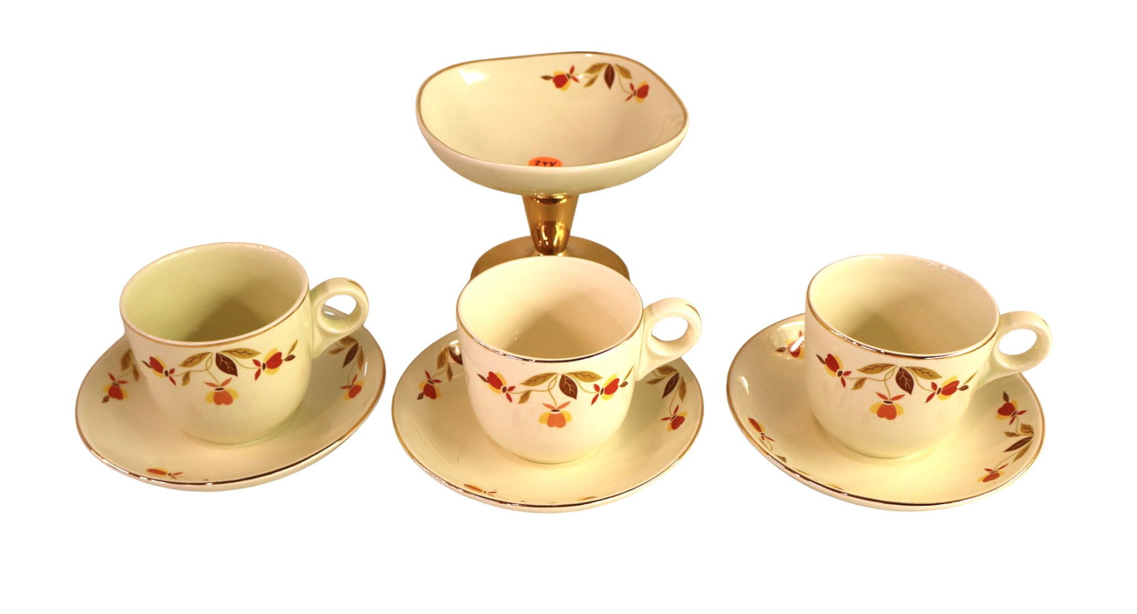 7 pcs. Hall Jewel T Autumn leaf pattern: 7 pieces of Hall Jewel T Autumn leaf pattern, 3 cups with saucers and elevated candy dish, no noticeable issues.