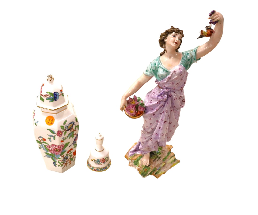 Aynsely repro ginger jar, Coal Port bell 19thC figure: 3 pieces: Aynsely pembrook reproduction ginger jar with lid, Coal Port porcelain bell no clacker and 19thC porcelain hand painted figure as is. Jar 9"h, bell 3.5"h, figure 14.5"h