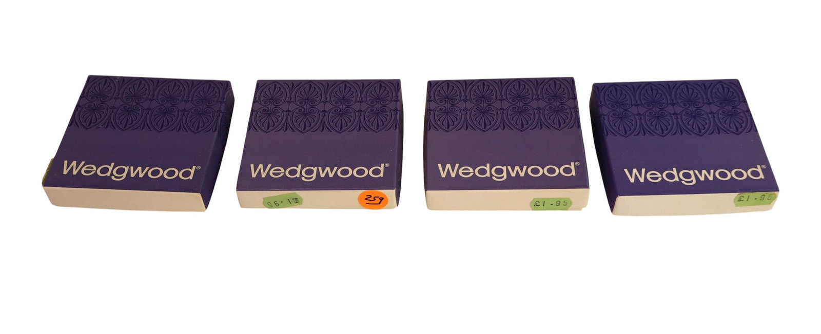 4 vintage Wedgwood Clementine collection miniature platters: 4 vintage Wedgwood Clementine collection miniature platters in original boxes, no noticeable issues. Each platters 1"h x 4.5"l x 3"w