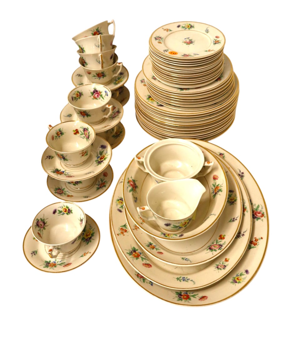 55 piece Old Ivory Selma dinnerware: 55 piece Old Ivory Selma dinnerware, small platter has small chip.