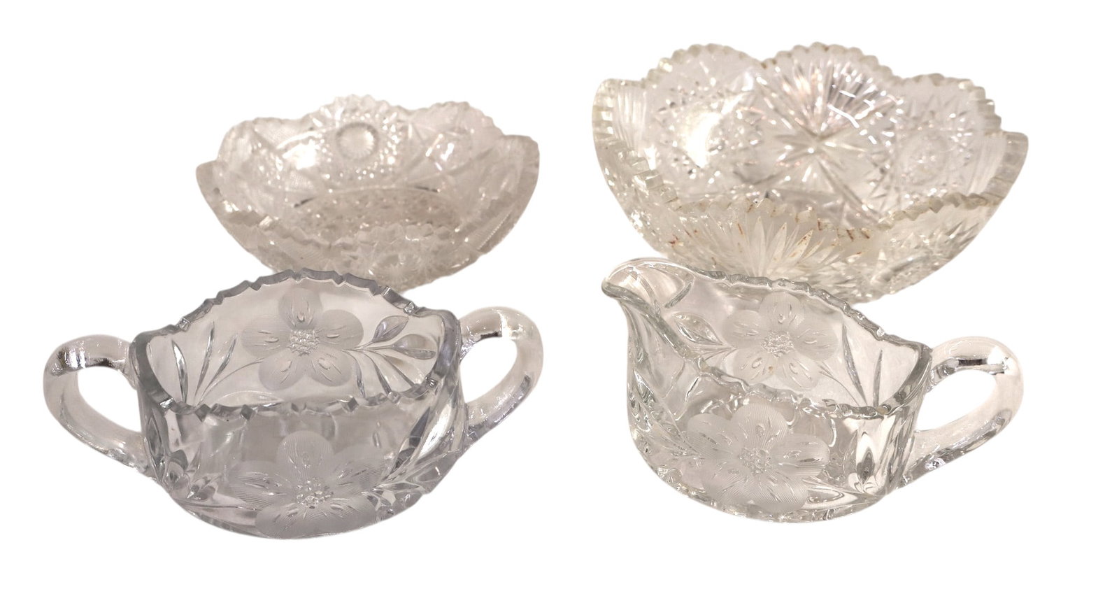 4 pcs early cut/press clear glass: creamer, sugar, couple of bowls (1 of 2)