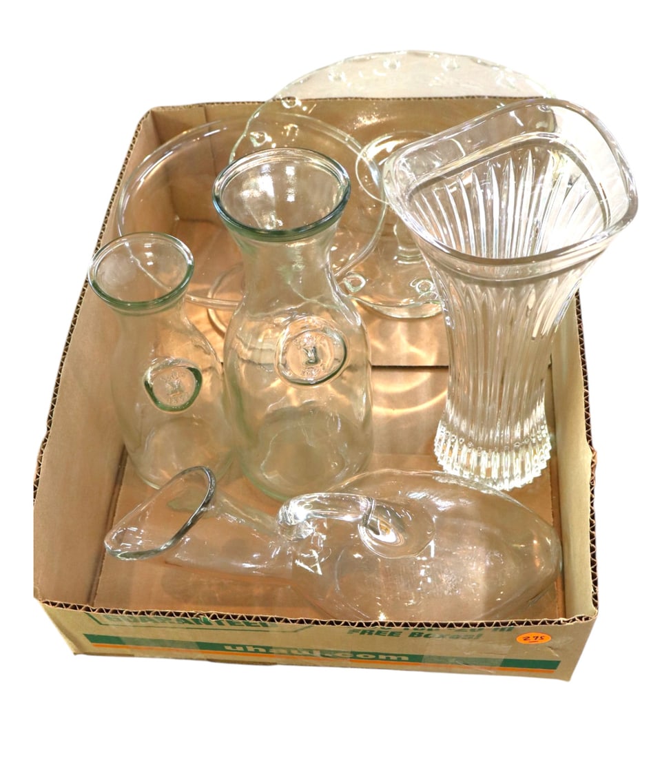 2 cake stands, 2 milk bottles, fluted vase and antique urinal: Mix lot of clear glass: 2 cake stands, 2 milk bottles, fluted vase and antique urinal