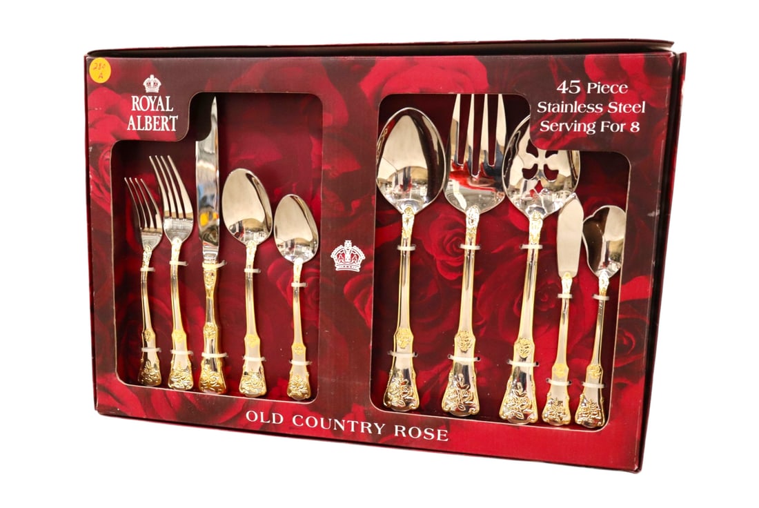 New 45pc New Royal Albert service 8 flatware Old Country Rose: New Royal Albert 45 piece service for 8 flatware in Old Country Rose pattern new in box