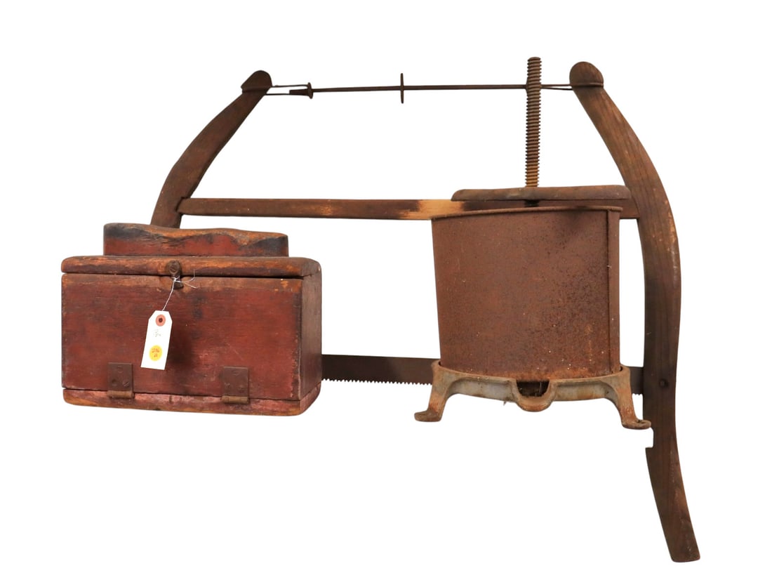 3 Antique primitives: buck saw, press, shoe shine box: 3 Antique primitives: buck saw, press, shoe shine box
