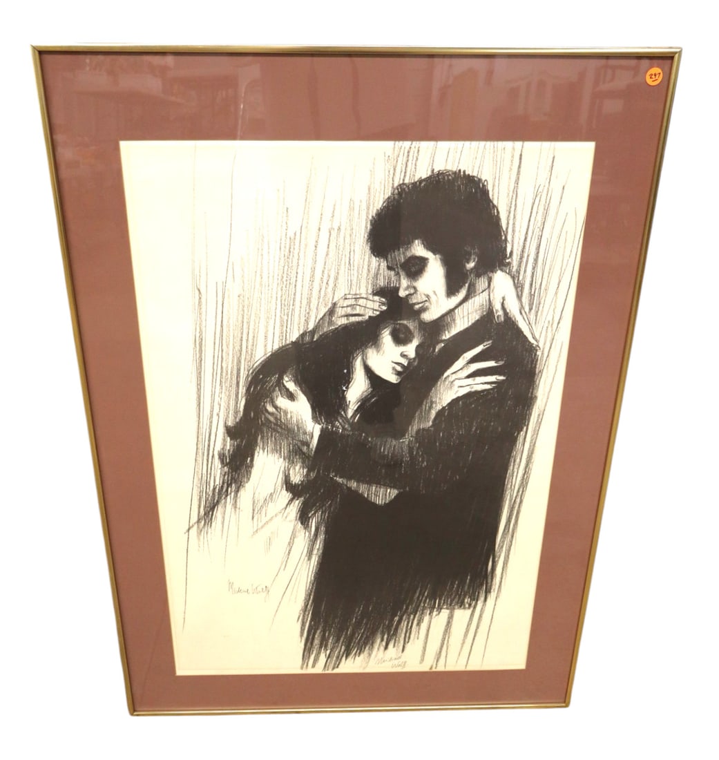 Vtg charcoal lithograph sg Michael Wolff Lovers in frame: Vintage charcoal lithograph signed Michael Wolff Titled the Lovers in frame. 40.5"h x 29.25"w