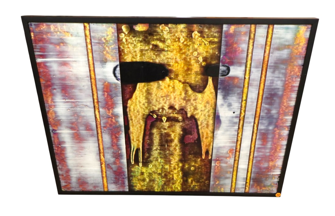Signed and dated 2003 modern artwork in frame: Signed and dated 2003 modern artwork in frame. 25"h x 33"w