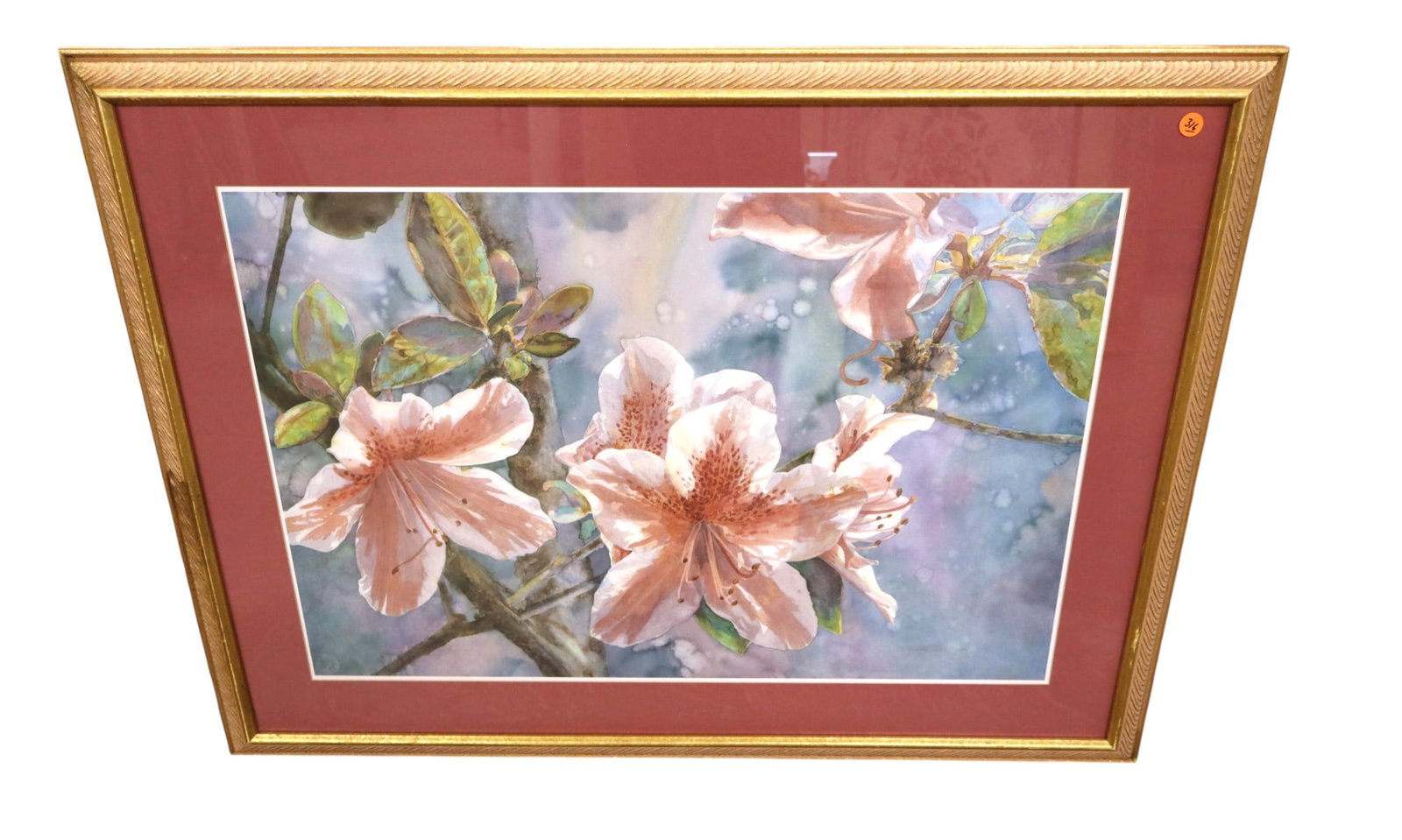 Contemporary floral decorative sg and dated print: Contemporary floral decorative framed signed print dated 1988 it does have seal. 29"h x 39"w