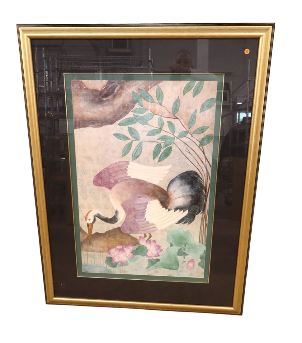 Large signed Chinese print in frame of bird: Large signed Chinese print in frame of bird. 52"h x 40"w