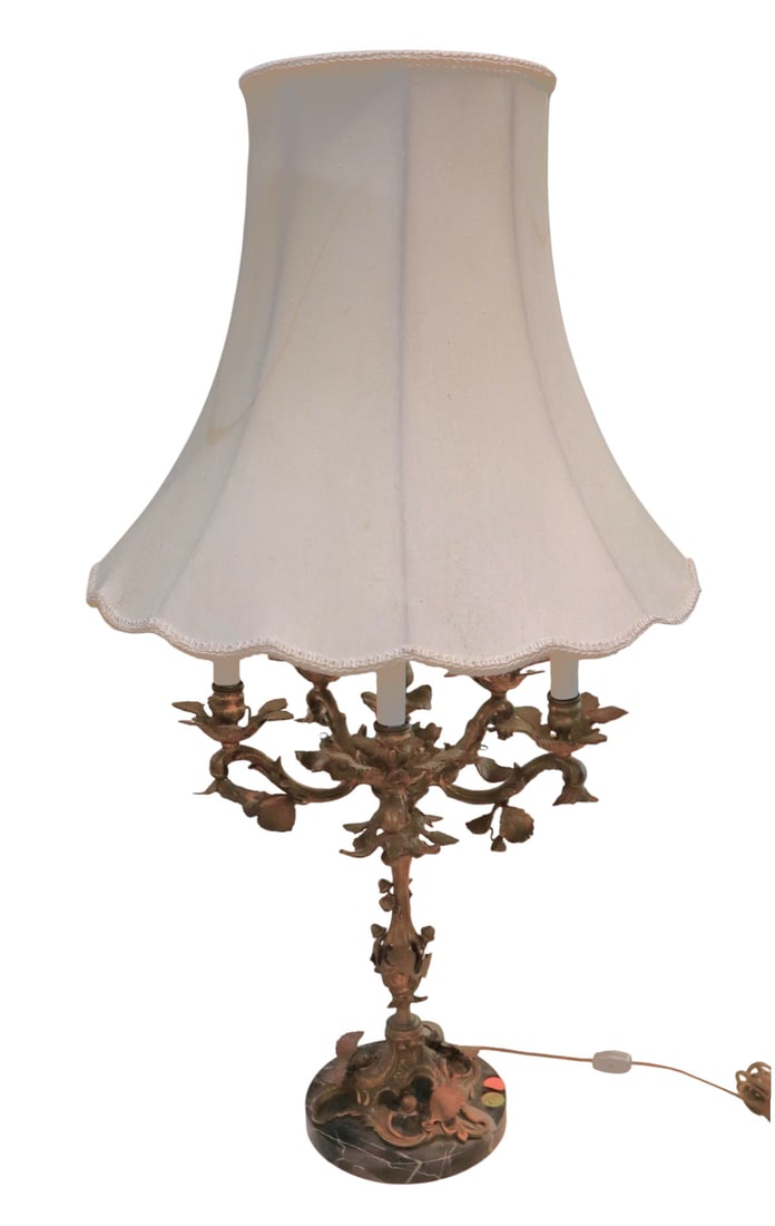 Antique highly ornate bronze on marble six burner table lamp: Antique highly ornate bronze on marble six burner table lamp with shade, good condition. 33"h x 7.5" base diameter, shade 18" diameter