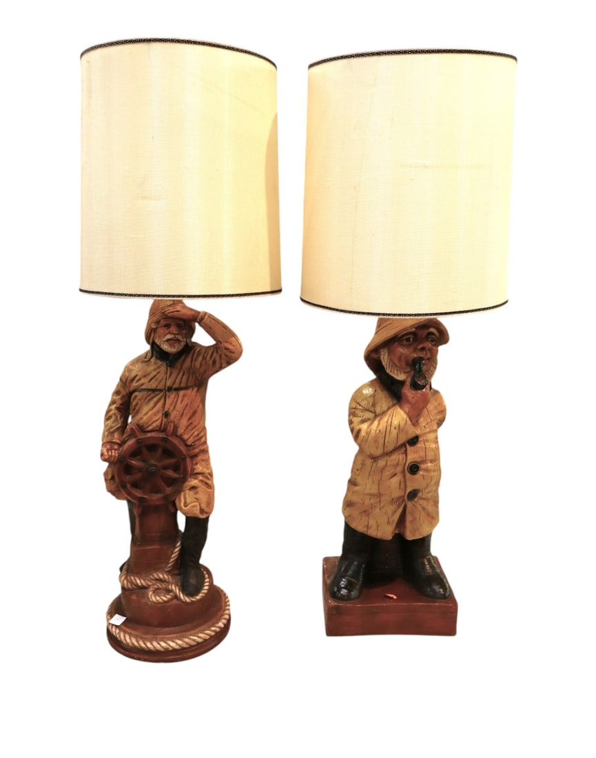 Vtg nautical seaman captain lamps with shades: Vintage nautical seaman captain lamps with shades original paint ceramic. 35.5"h x 8.5"w x 7.5"d, shades 12" diameter