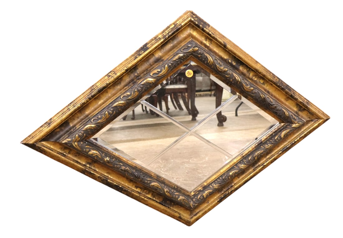Unique design bevel glass diamond framed decorator mirror: Unique design bevel glass diamond framed decorator mirror carved antique distressed style frame, quality, good condition. 25"h x 35.5"w
