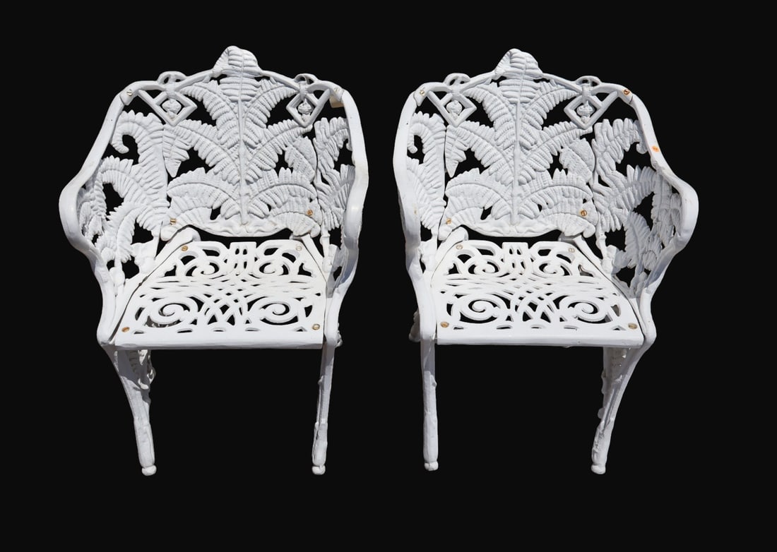 Quality pr. vtg cast alum. ornate garden arm chairs: Quality pair vintage cast aluminum ornate garden arm chairs in the white paint, structurally sound and in good condition. Ea. 33"h x 24"w x 17"d seat height 16"