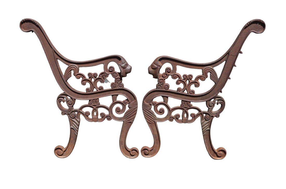 Antique C/I ornate lion head pr. garden bench sides: Nice antique cast iron ornate lion head garden bench sides with arms, structurally sound and in solid condition, just need wood to make bench or chair. 31"h x 24"d x 3" thick seat height would be appr