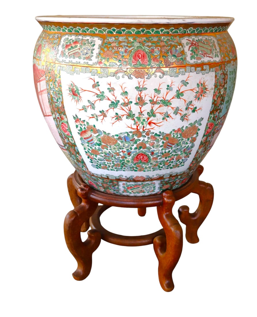 Large Chinese porcelain fish bowl on wooden stand (1 of 9)