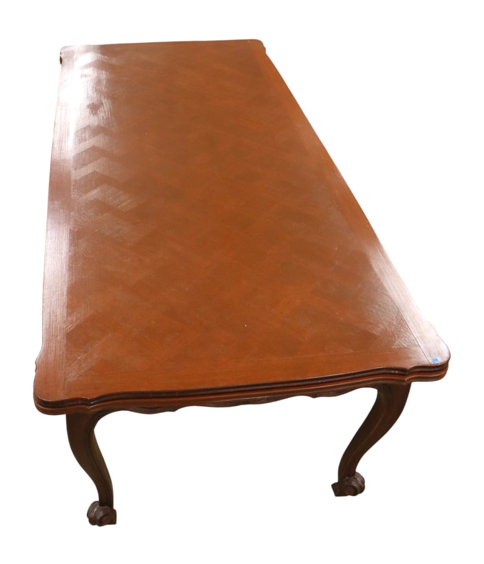 Antique country French w/parquet herringbone top dining table: Antique country French solid mahogany with parquet herringbone top dining table with (2) 28" refectory self storing leaves, top has been refinished over the years, structurally sound and in good condi