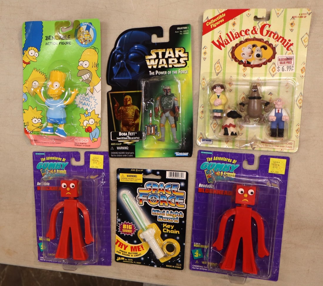 6 Vintage mixed toys: Bart Simpson Bendable, 2 Gumby Bendable, Star Wars action figure, space force: 6 Vintage mixed toys: Bart Simpson Bendable, 2 Gumby Bendable, Star Wars action figure, space force mini light sword & Wallace Gromit collectible figures new in boxes
