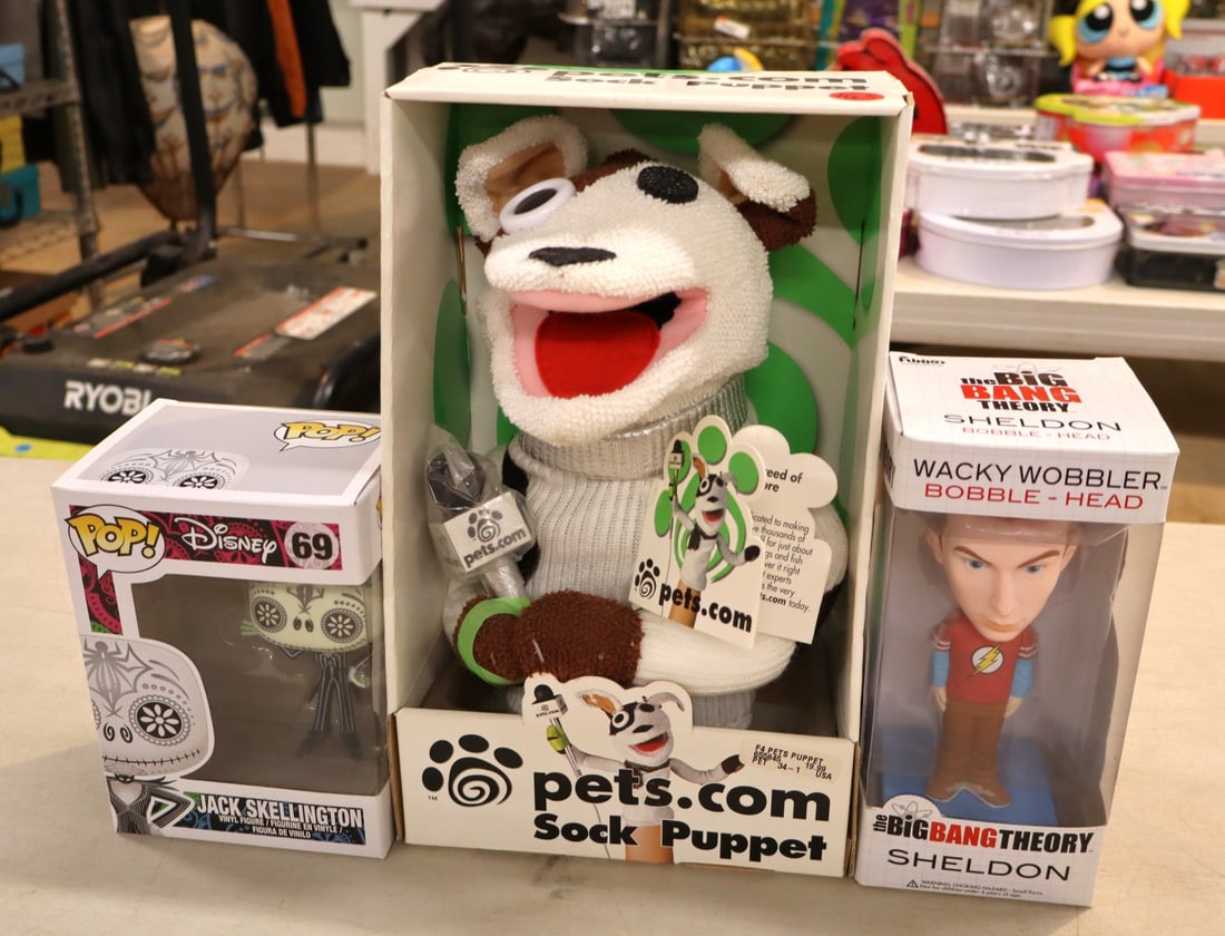 3 vintage toys: Pets.com Sock Puppet, Disney Pop Jack Skellington & The Big Bang Theory Sheldon (1 of 8)