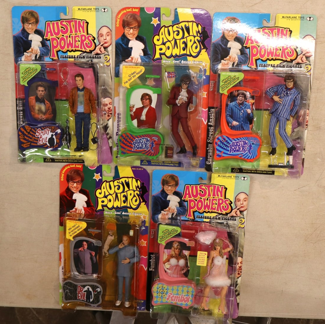 5 vintage Austin Powers McFarlane action figures: DR. Evil, Fembot, 2 Austin Powers & Scott Evil (1 of 4)
