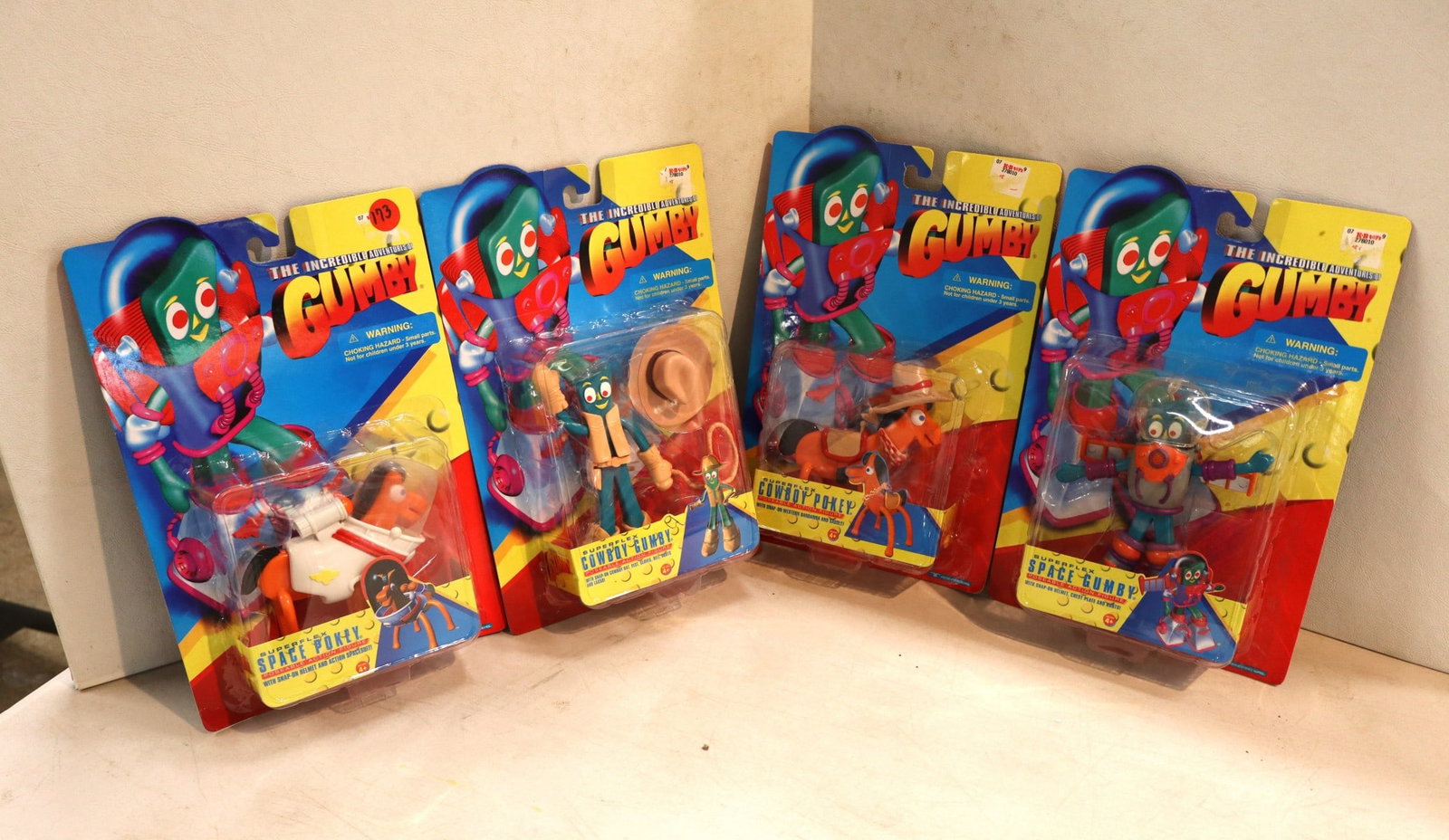 4 Vintage Incredible Adventures of Gumby action figures in original packaging: Space Pokey, Cowboy (1 of 2)