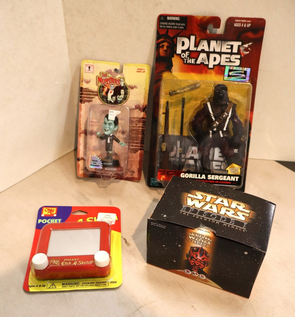 4 Vintage action figures: Planet of the Apes, The Monsters, Miniature pocket Etch N Sketch, Star (1 of 2)