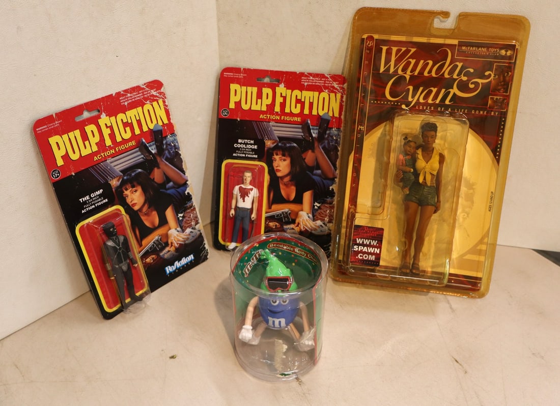 4 vintage action figures: 2 Pulp Fiction, Wanda & Cyan, M&M character in original packaging (1 of 2)