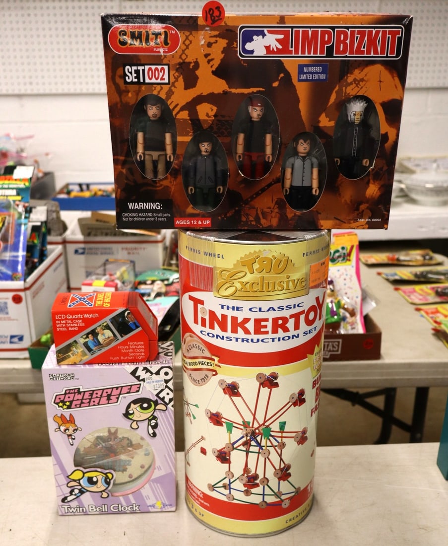 4 vintage toy lot: Tinker Toy Construction Set, Limp BizKit Smiti Set 002, Cartoon Network The: 4 vintage toy lot: Tinker Toy Construction Set, Limp BizKit Smiti Set 002, Cartoon Network The Powerpuff Girls Twin Bell Clock, The Dukes of Hazard LCD Quartz Watch