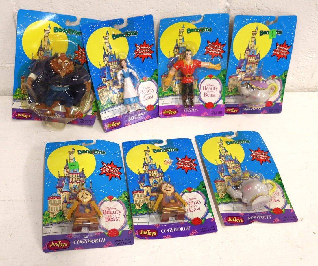 7 vintage JusToys Beauty and Beast bendables in original packaging: 7 vintage JusToys Beauty and Beast bendables in original packaging
