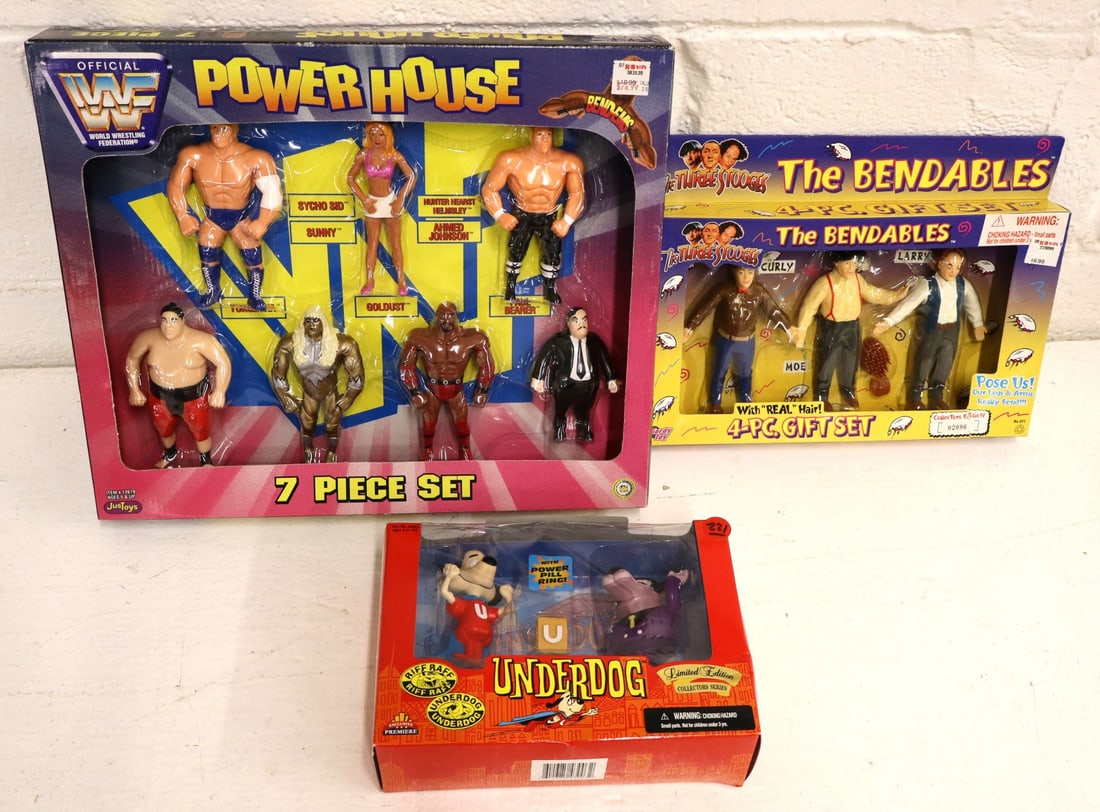 3 vintage bendables: Underdog, 4 piece 3 Stooges & Power House 7 piece set in original packaging (1 of 2)